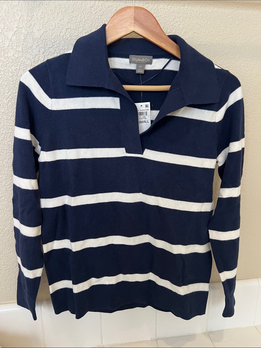 Navy and White Striped V-Neck Polo Sweater